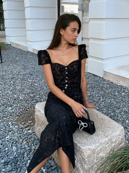 Siyah Balenli Dantel Elbise