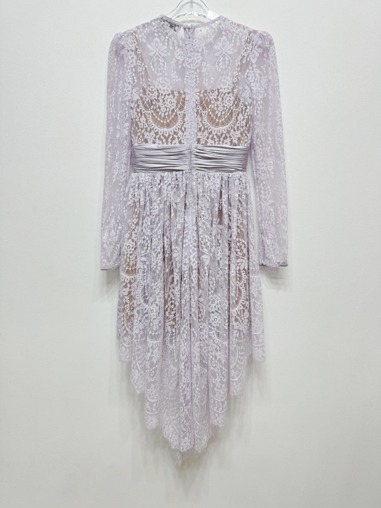 Asimetrik Mor Dantel Elbise