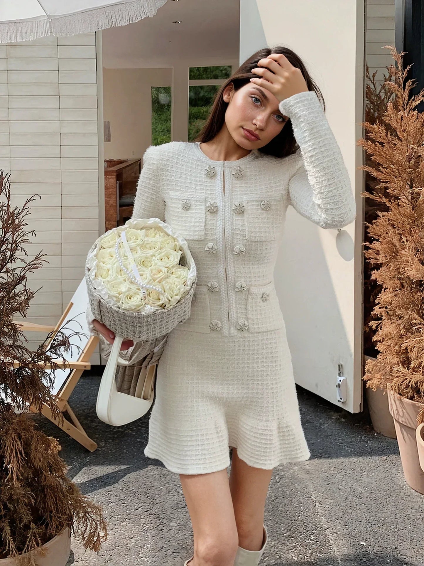 Krem Payetli Yün Elbise