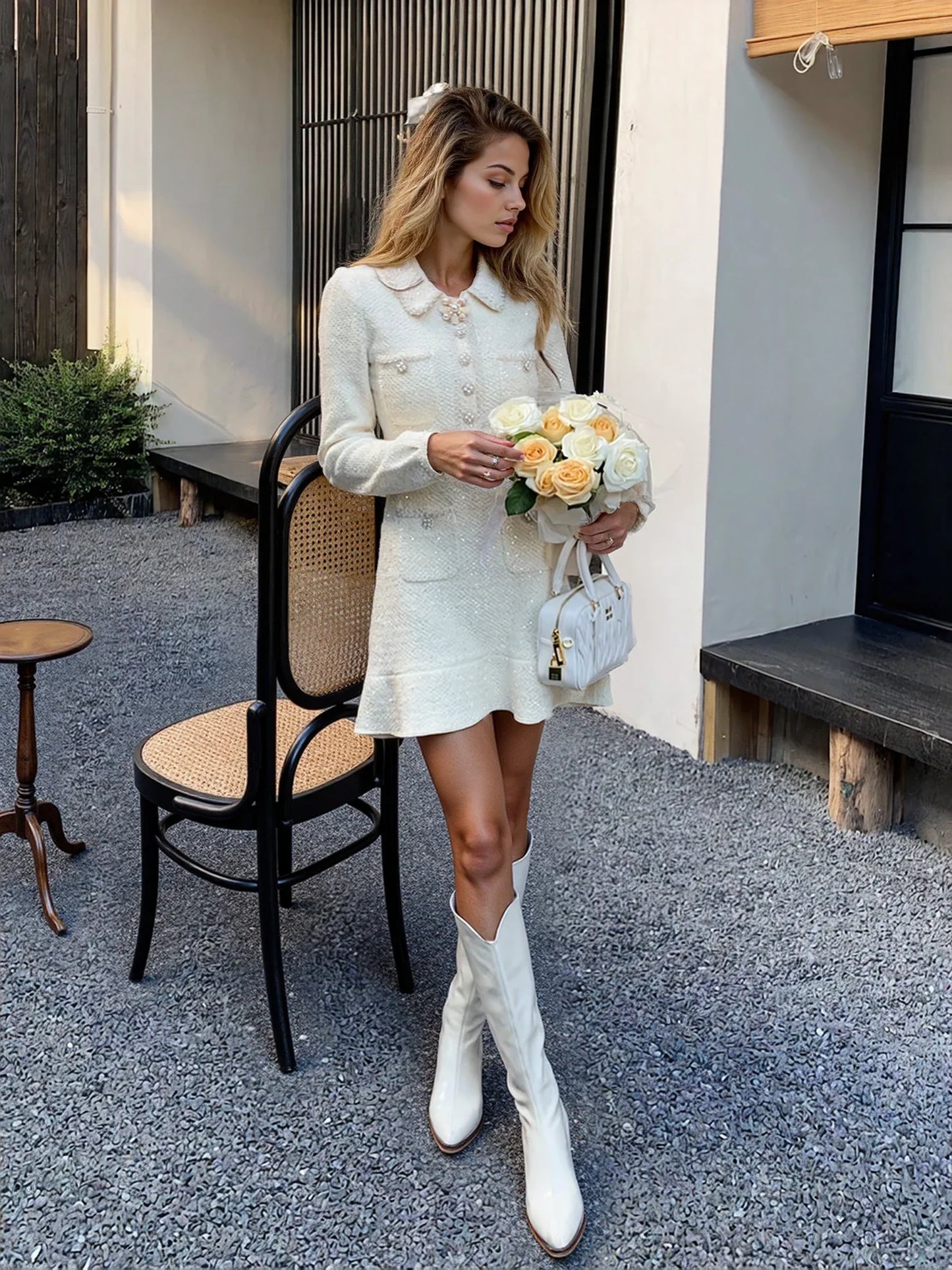 Krem beyazı Yün Örgü Elbise