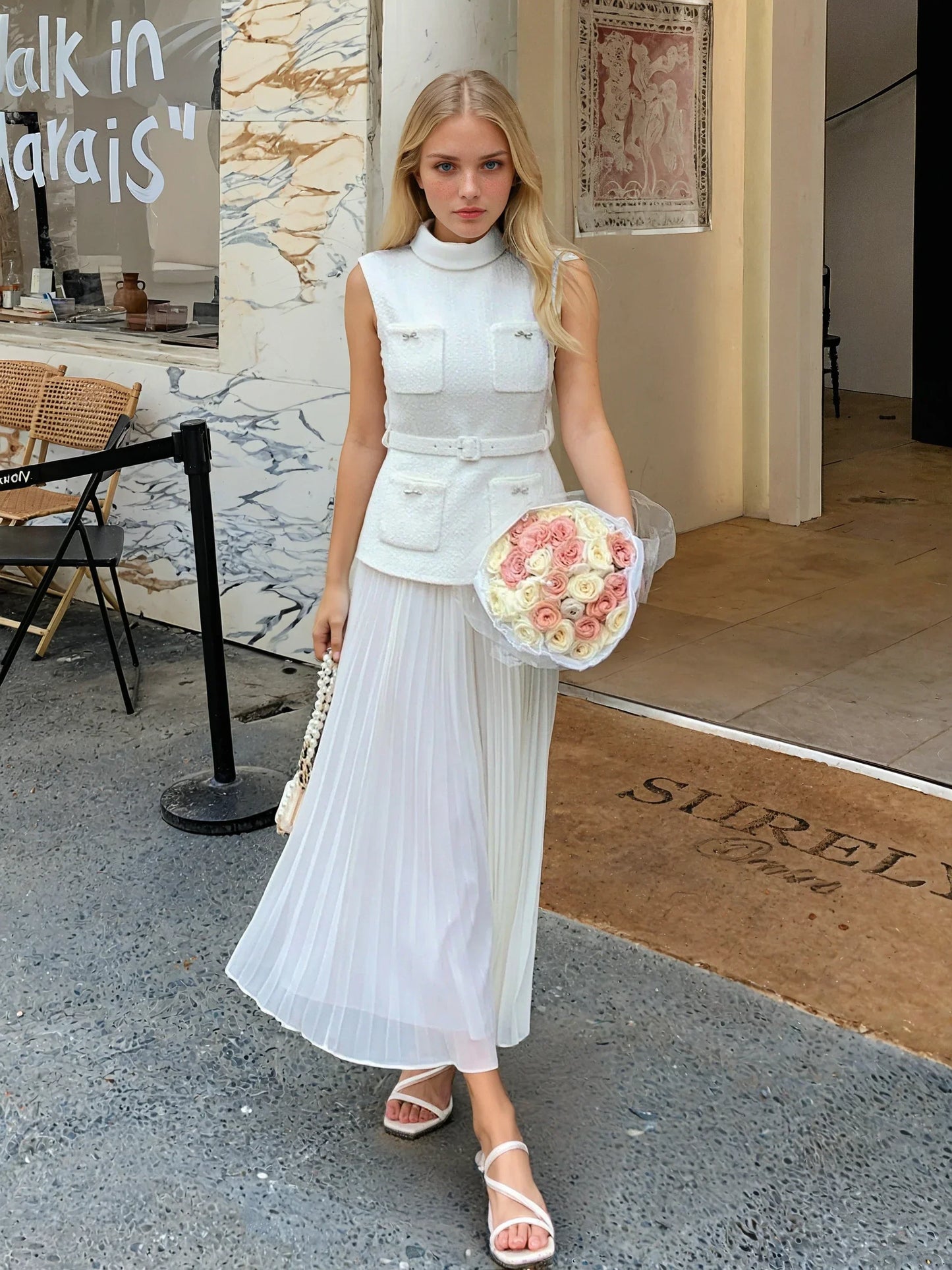 Krem Tüvit-Şifon Elbise