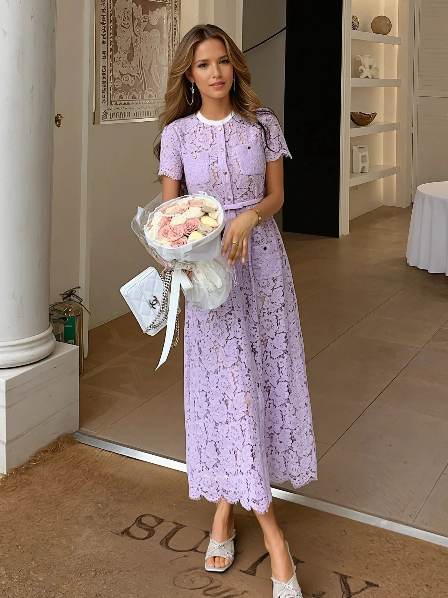 Mor Dantel Detaylı Elbise