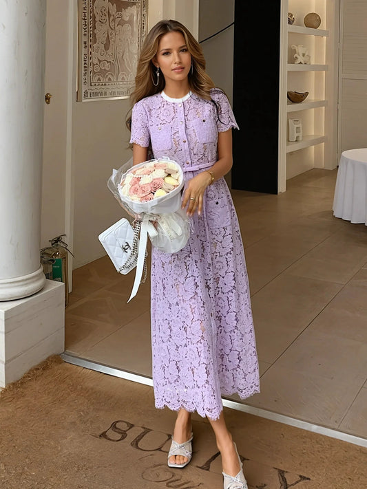 Mor Dantel Detaylı Elbise