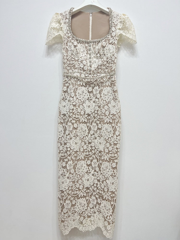 Bej/Yeşil Dantel Elbise