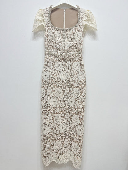 Bej/Yeşil Dantel Elbise