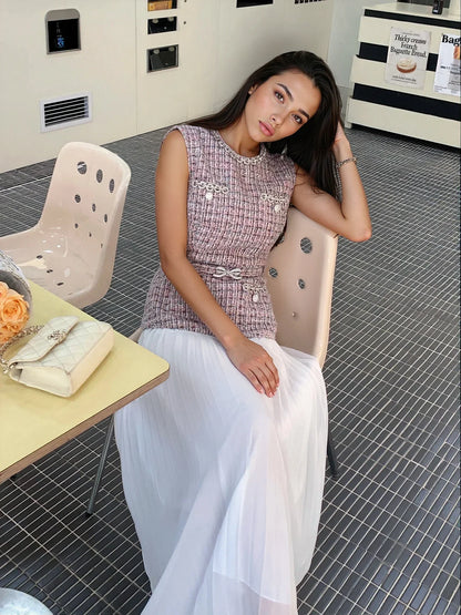 Pembe-Beyaz Tüvit Şifon Elbise