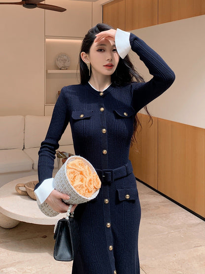 Lacivert Streç Örgü Elbise