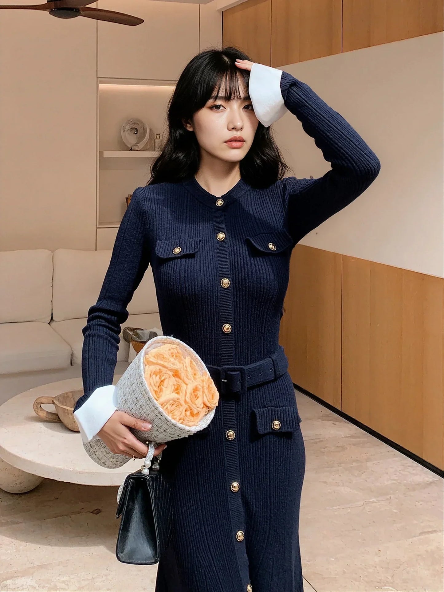 Lacivert Streç Örgü Elbise