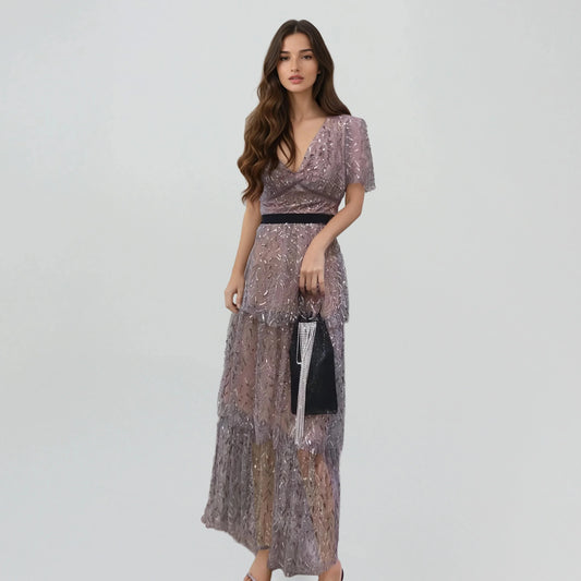 Yaprak Desenli Payetli Elbise