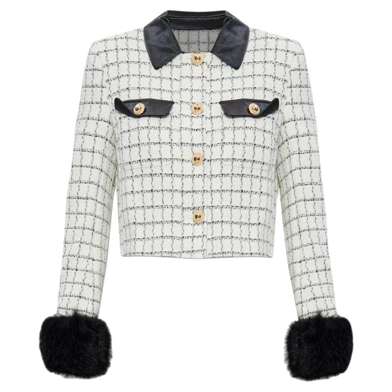 Beyaz Kareli Kürklü Ceket