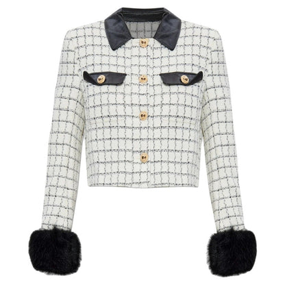 Beyaz Kareli Kürklü Ceket