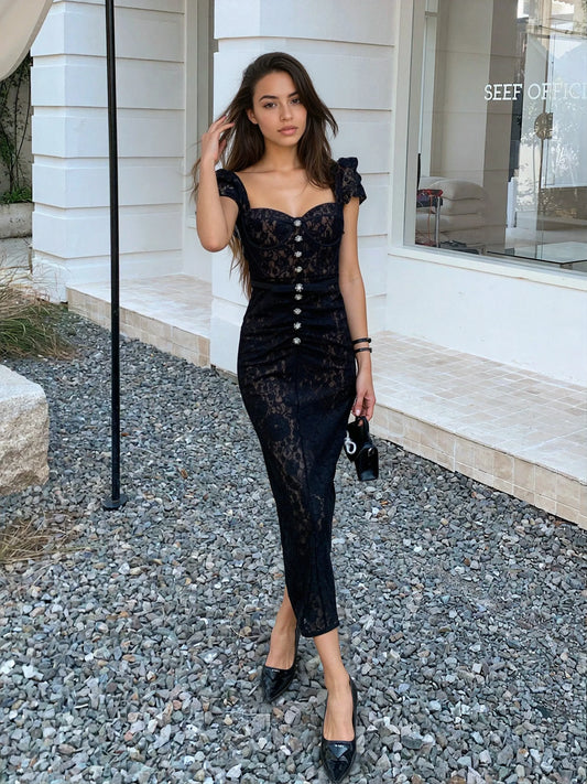 Siyah Balenli Dantel Elbise