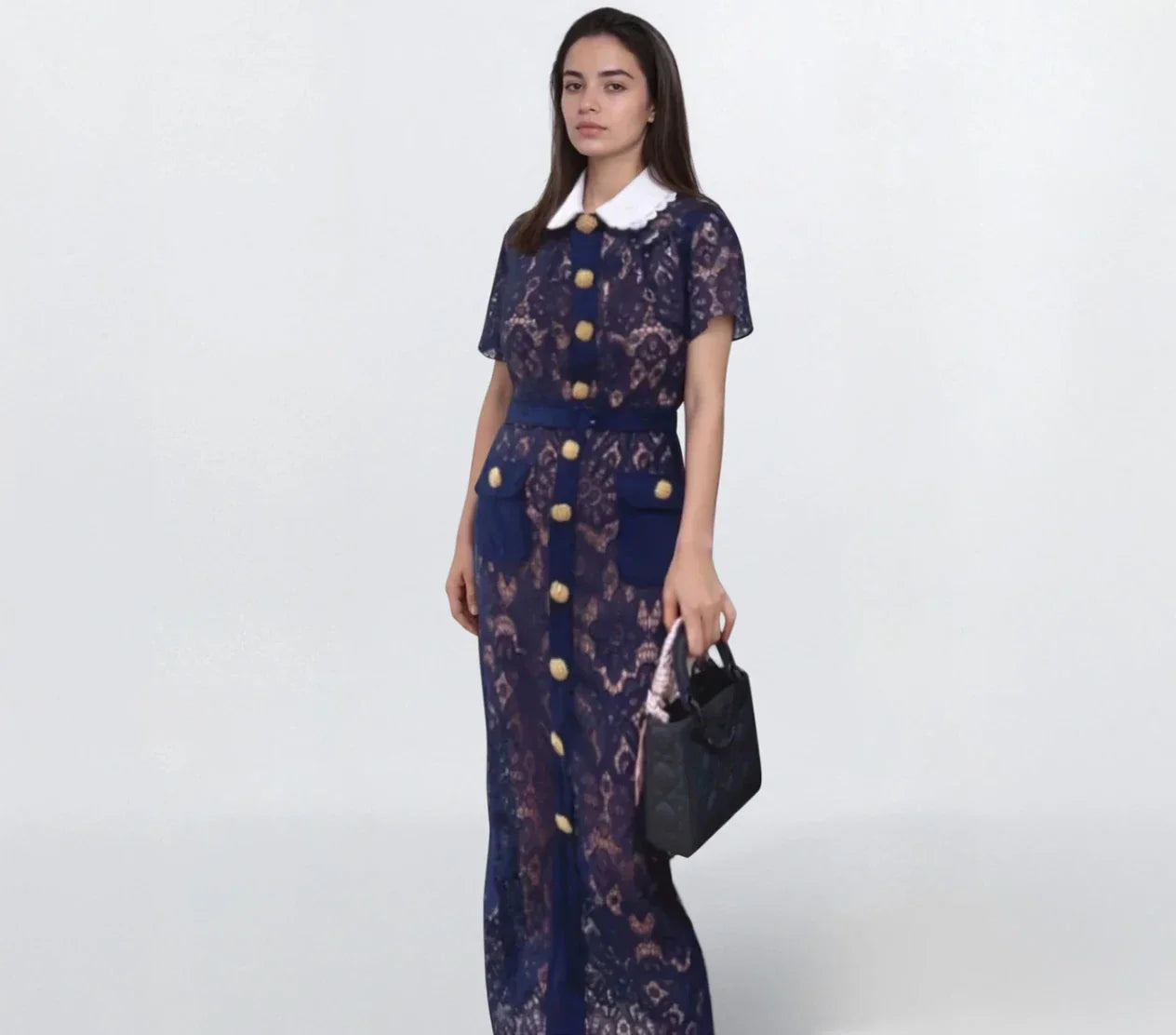 Koyu Mavi Dantel Elbise