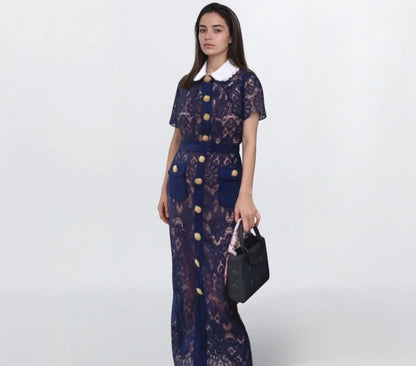 Koyu Mavi Dantel Elbise