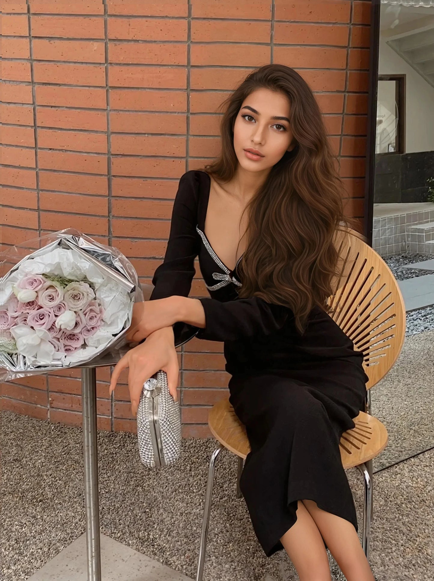 Elmas Fiyonklu Yüksek Bel Dar Kesim Elbise