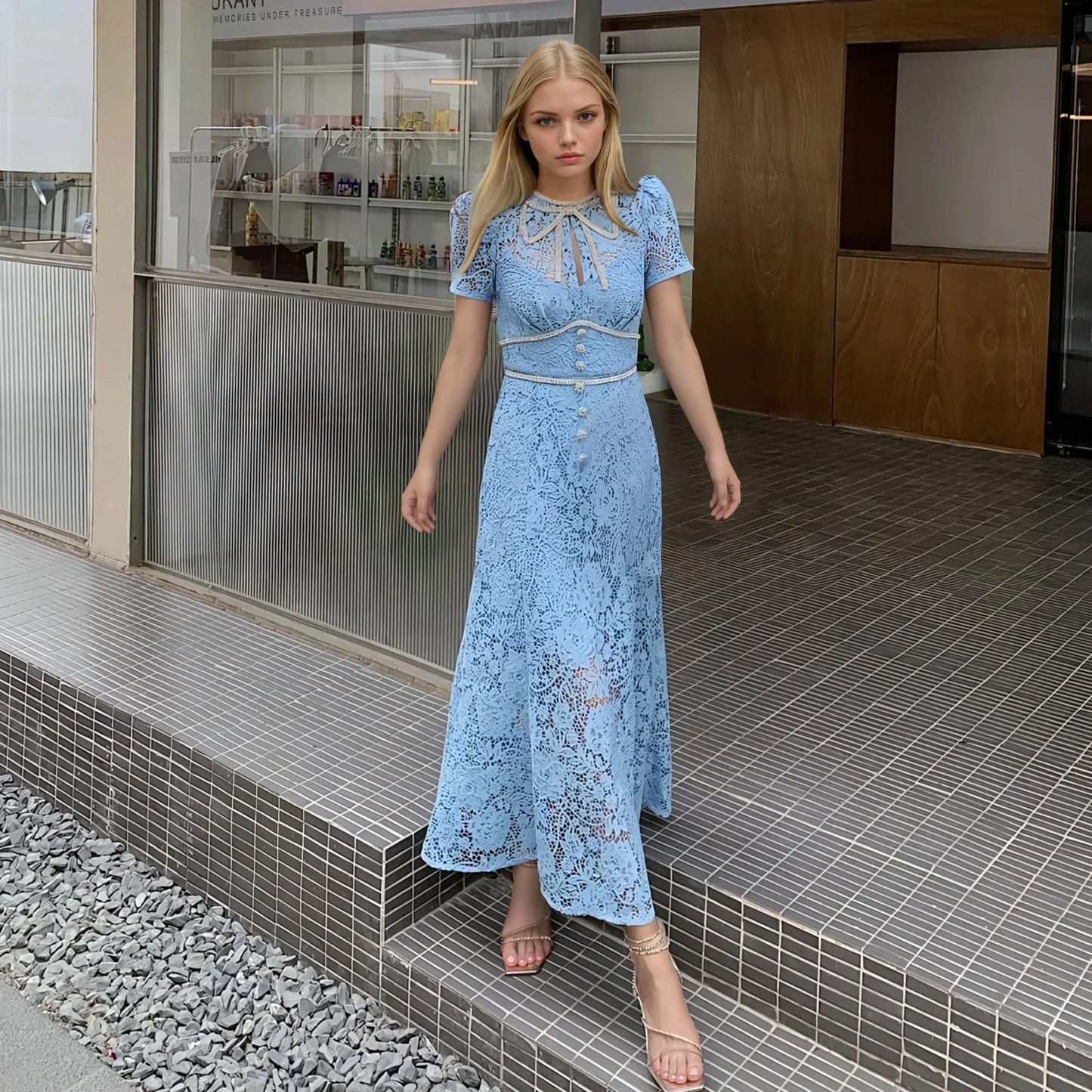 Bej & Mavi Dantel İşlemeli Elbise