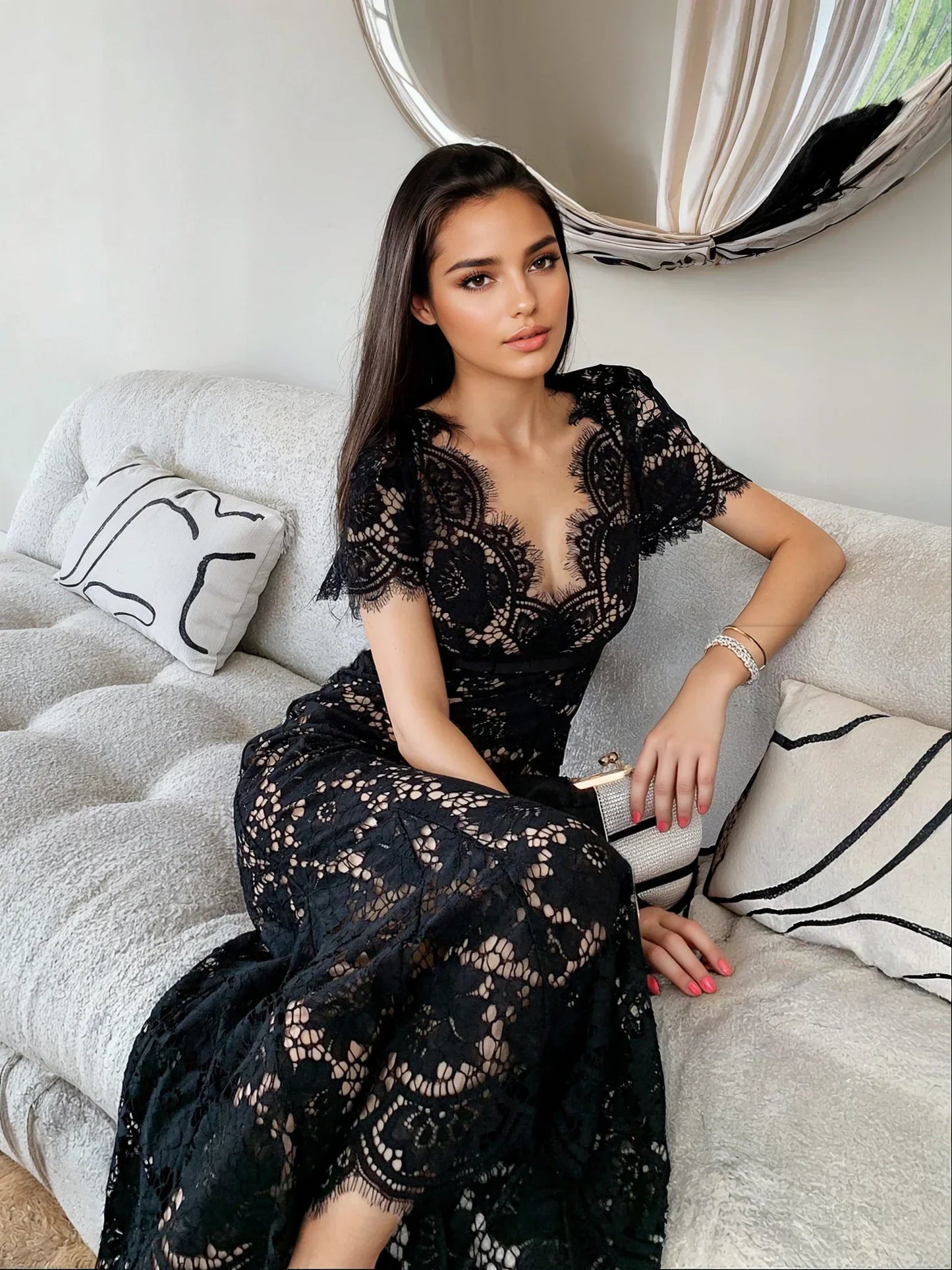 Siyah Kirpik Dantel Elbise