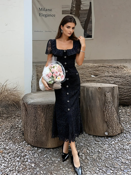 Dantel Süslemeli Mavi/Siyah Elbise