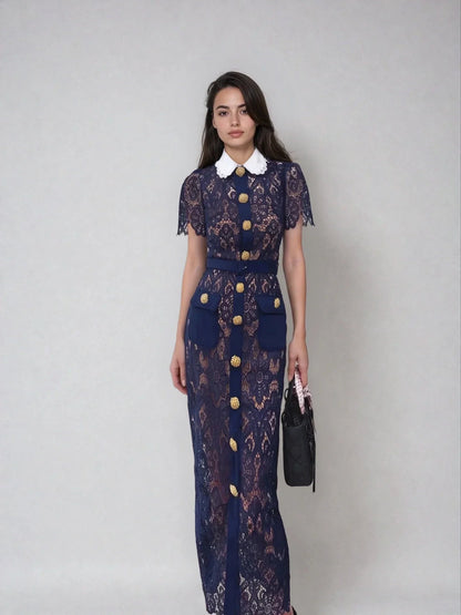 Koyu Mavi Dantel Elbise