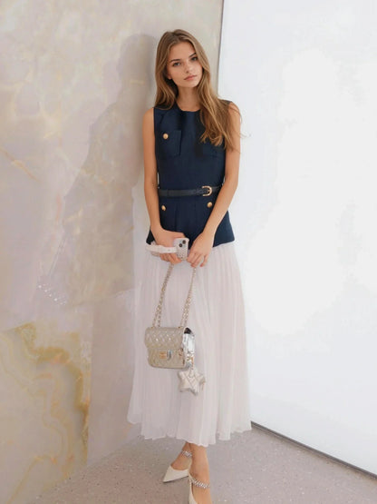 Mavi & Beyaz Şifon Kenarlı Elbise