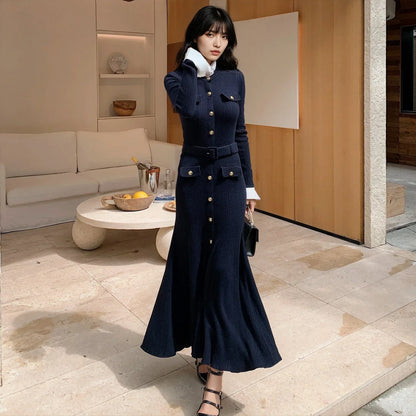 Lacivert Streç Örgü Elbise