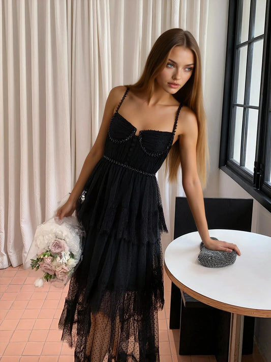 Siyah Dantel File Elbise