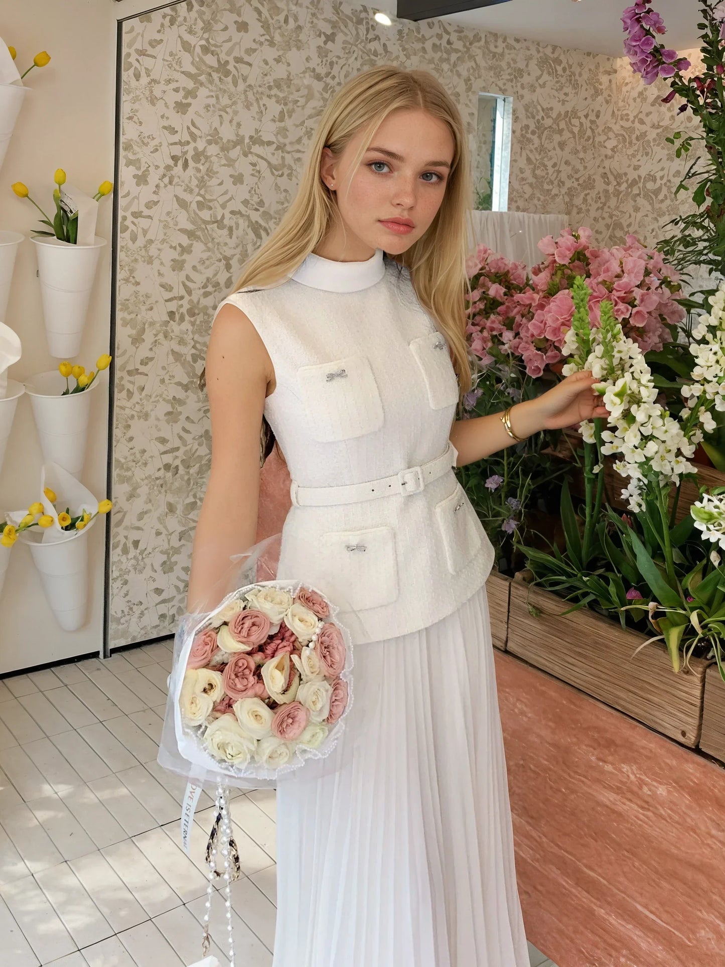 Krem Tüvit-Şifon Elbise