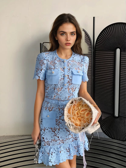 Açık Mavi & Beyaz Dantel İşlemeli Elbise