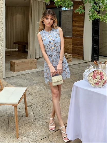 Mavi & Sarı Kirpik Dantel Elbise