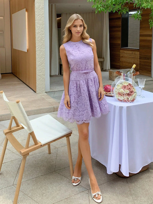 Mor Kirpik Dantel Mini Elbise