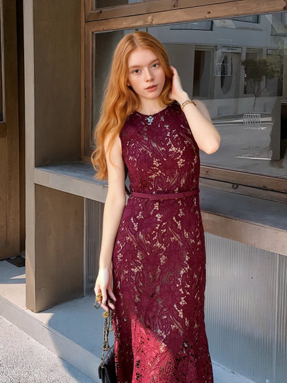 Şarap Kırmızısı Lazer Nakışlı Elbise