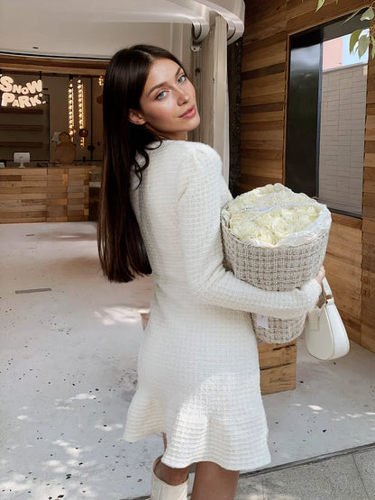 Krem Payetli Yün Elbise