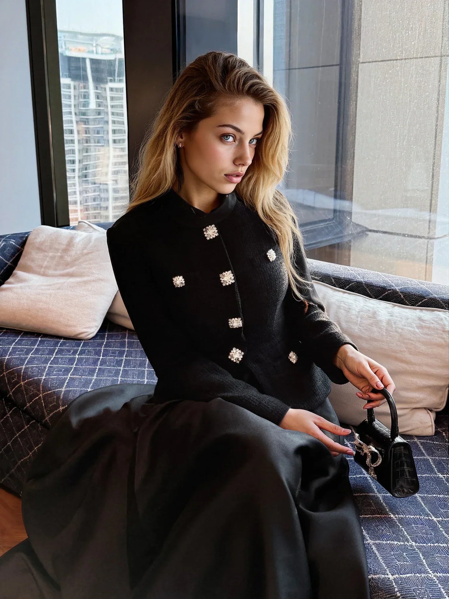 Siyah Tüvit Kumaşlı Uzun Kollu Elbise