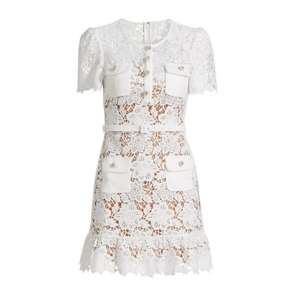 Açık Mavi & Beyaz Dantel İşlemeli Elbise