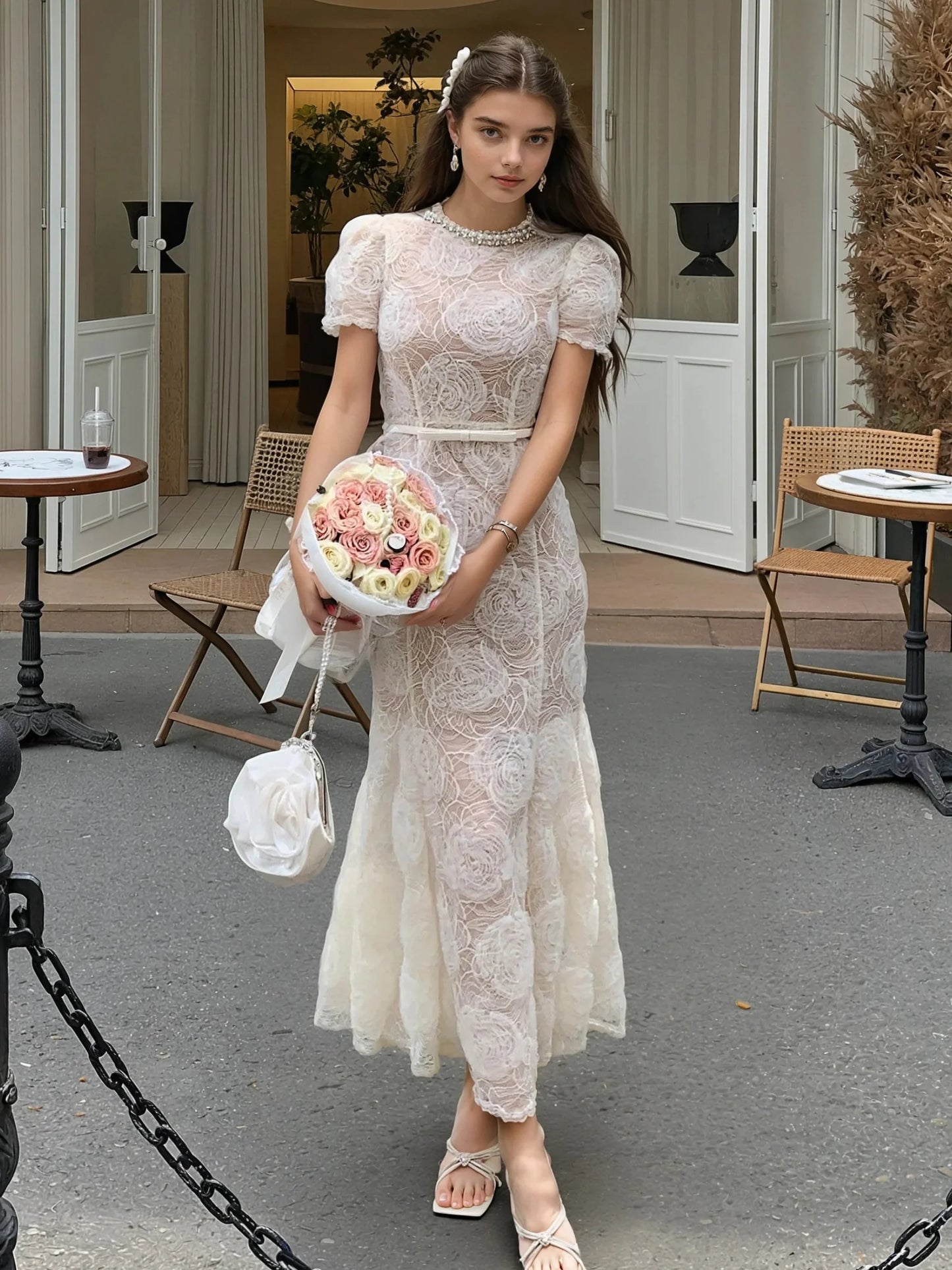 Gül Desenli Dantel Elbise