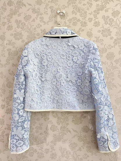 Delikli Dantel Mavi Ceket