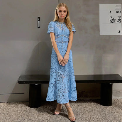 Bej & Mavi Dantel İşlemeli Elbise