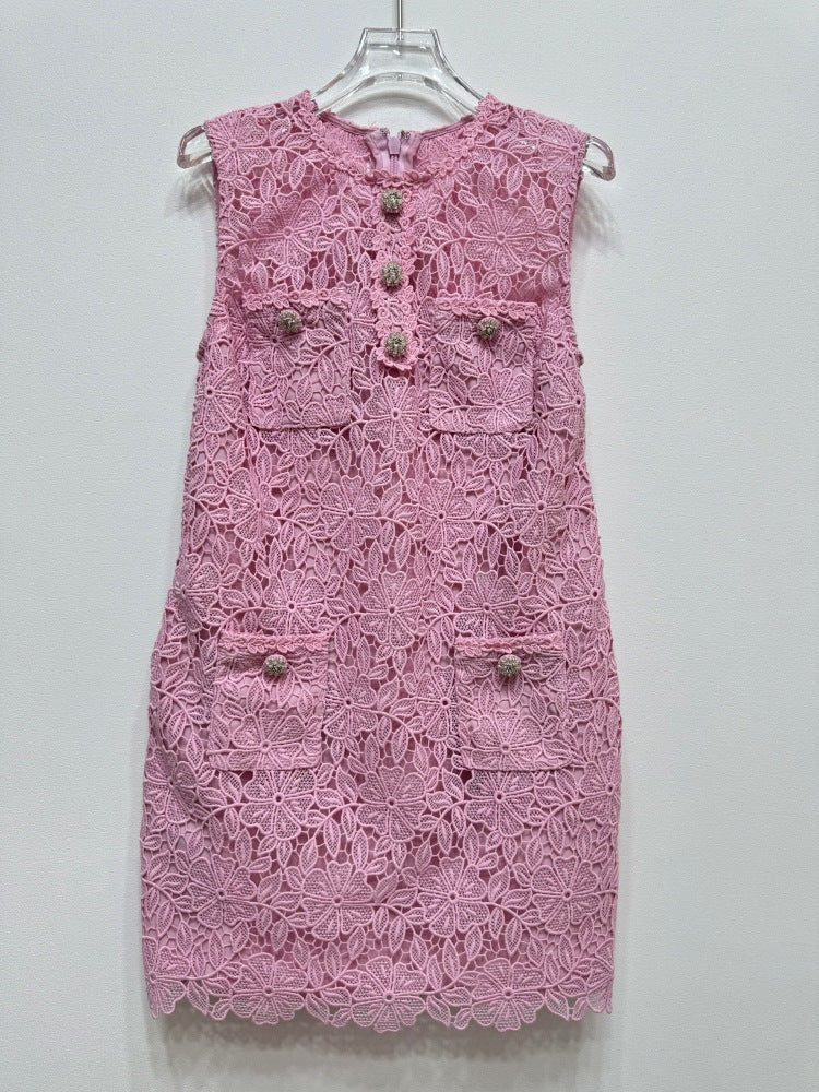 Dantel Süslemeli Pembe Midi Elbise