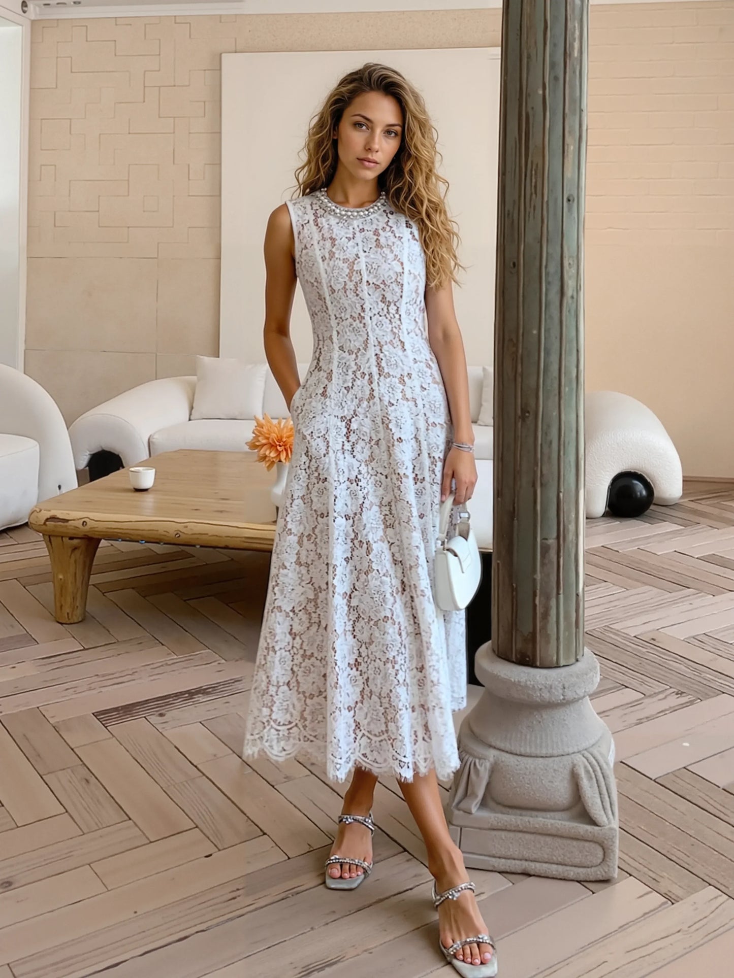 Beyaz/Mavi Dantel Elbise