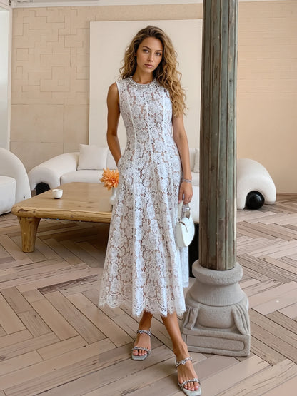 Beyaz/Mavi Dantel Elbise