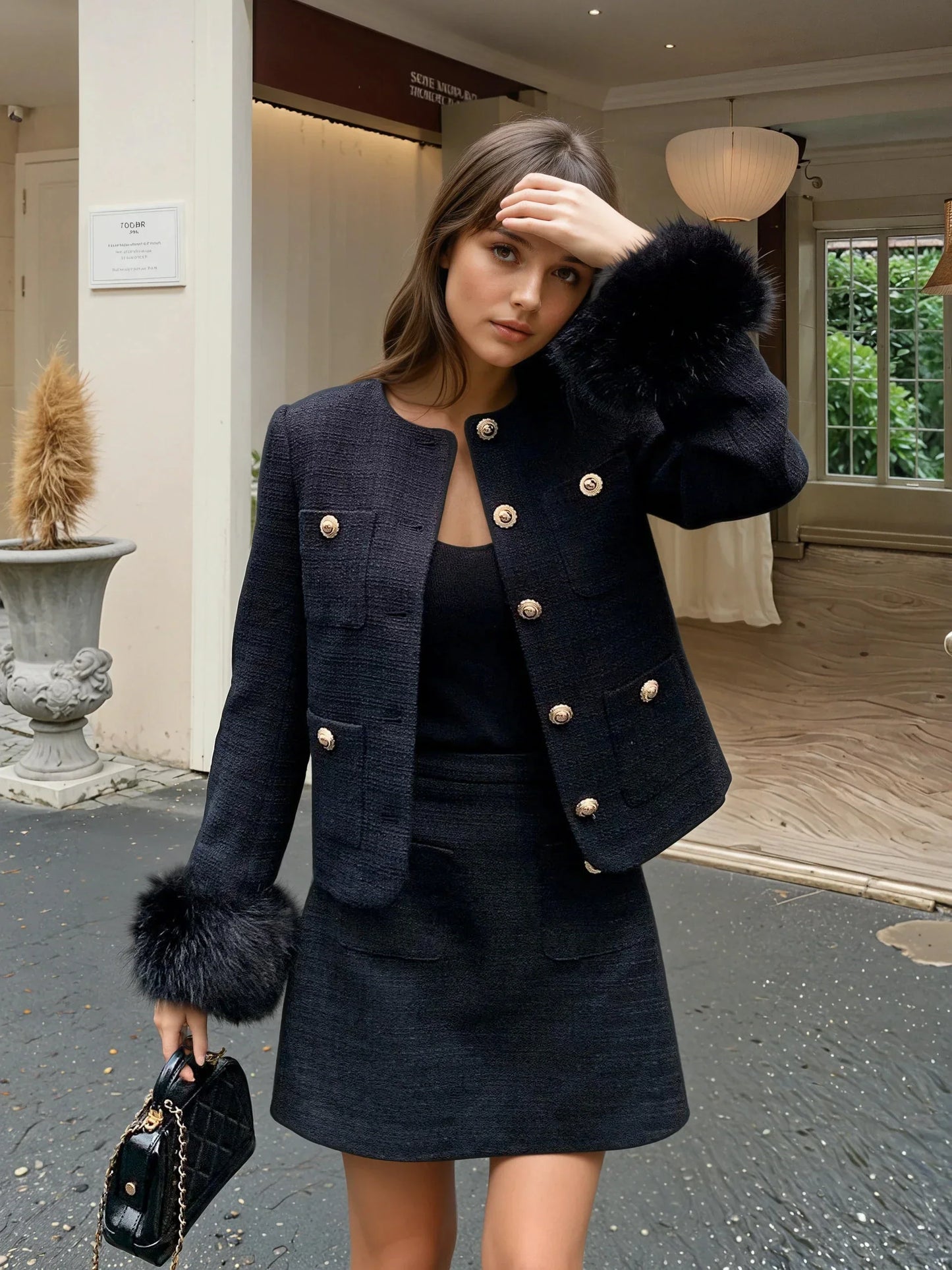 Siyah Yün Yuvarlak Yaka Ceket