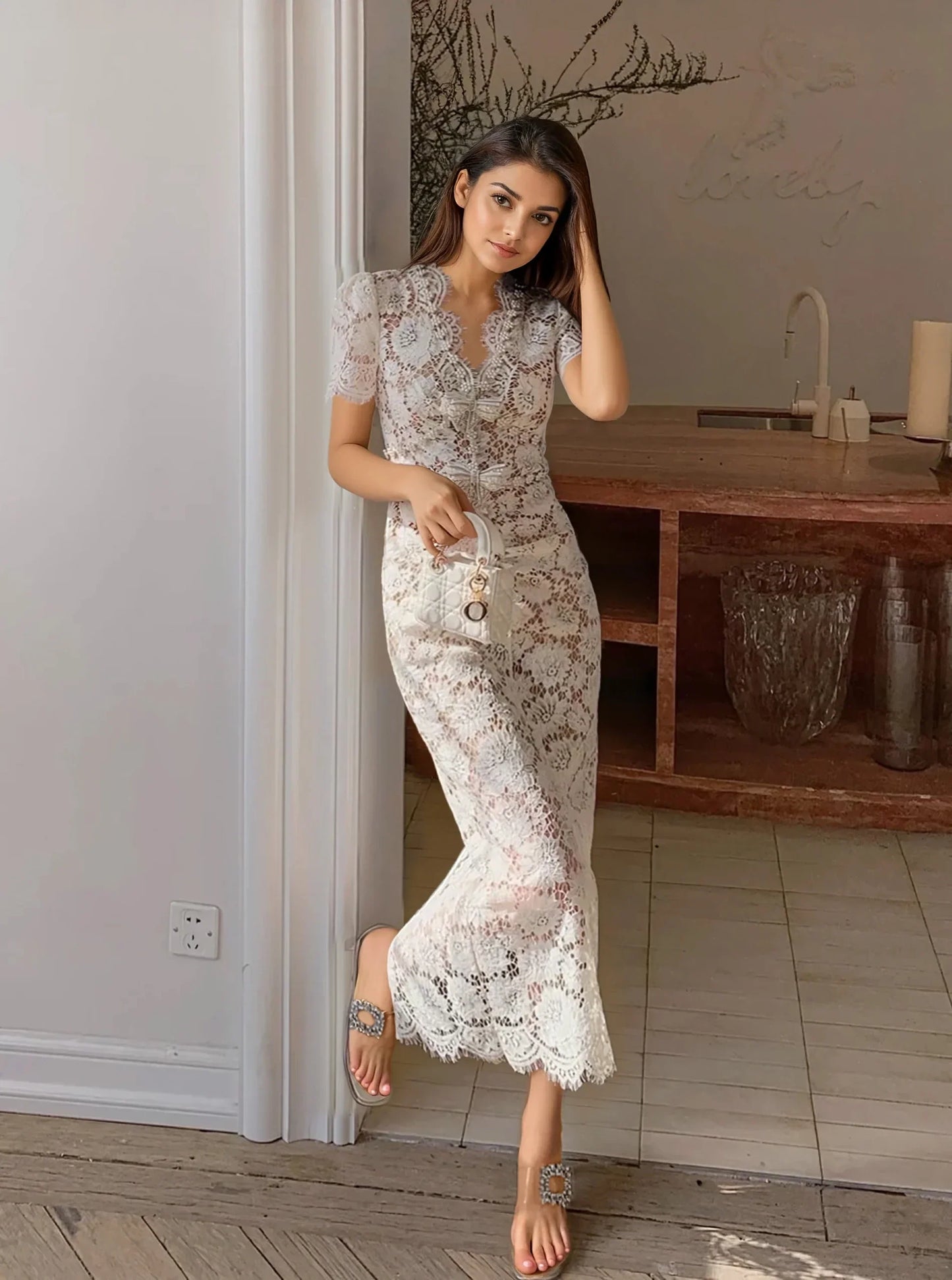 Bej Dantel Elbise