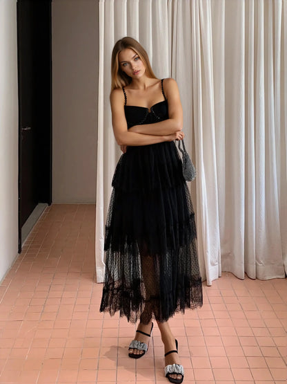 Siyah Dantel File Elbise