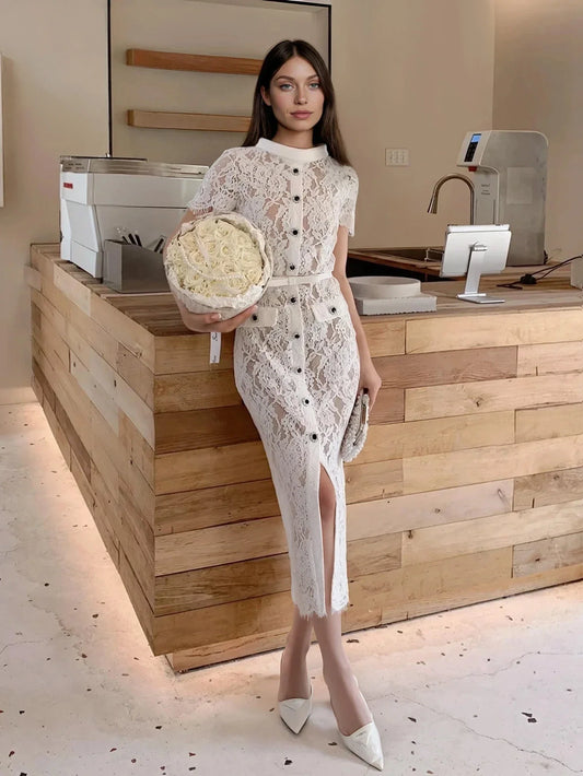Beyaz & Pembe Dantel Elbise