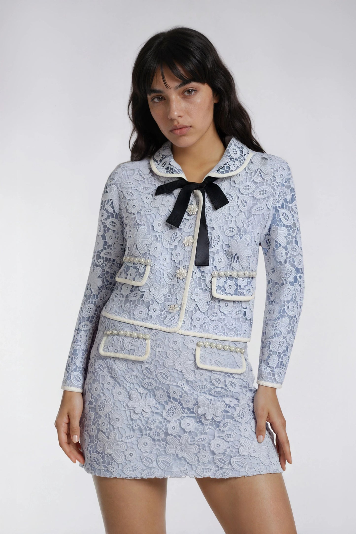 Delikli Dantel Mavi Ceket