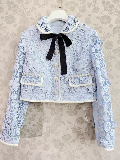 Delikli Dantel Mavi Ceket