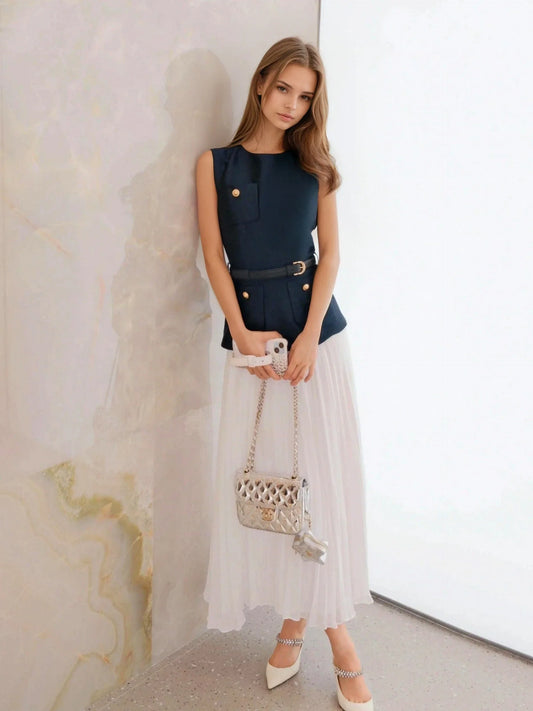 Mavi & Beyaz Şifon Kenarlı Elbise