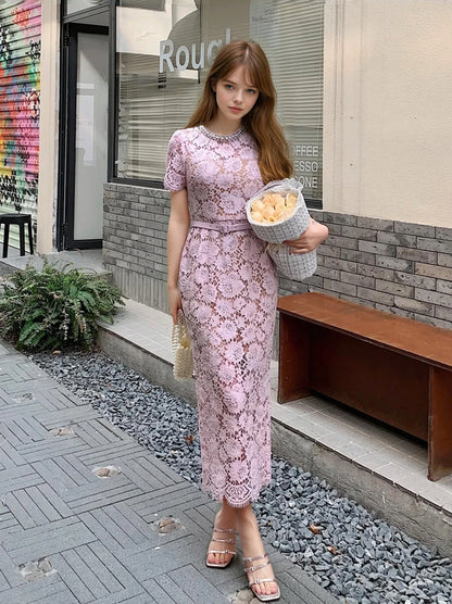 Pembe-Mor Dantel Elbise