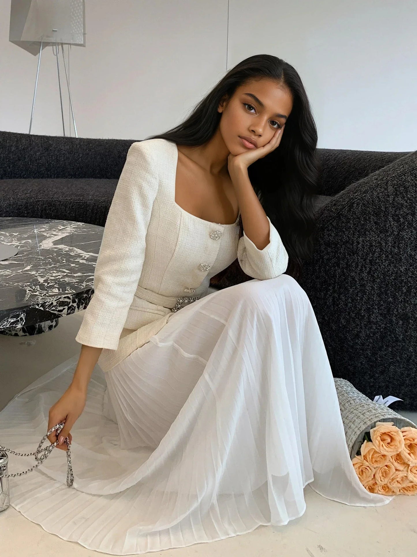 Kırık Beyaz Tüvit-Şifon Elbise