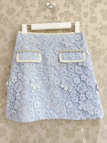 Delikli Dantel Mavi Etek